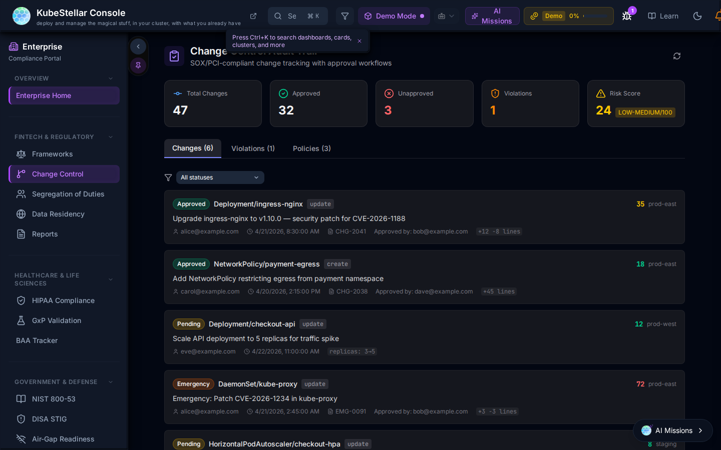 Change Control dashboard showing 47 changes, 32 compliant, with approval workflows