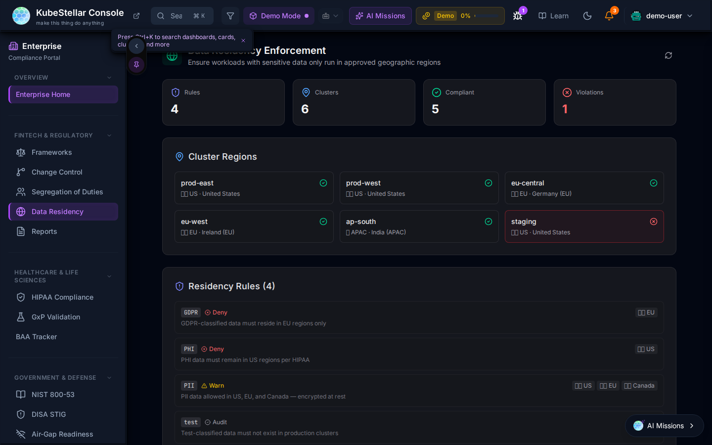 Data Residency dashboard showing cluster regions and residency rules