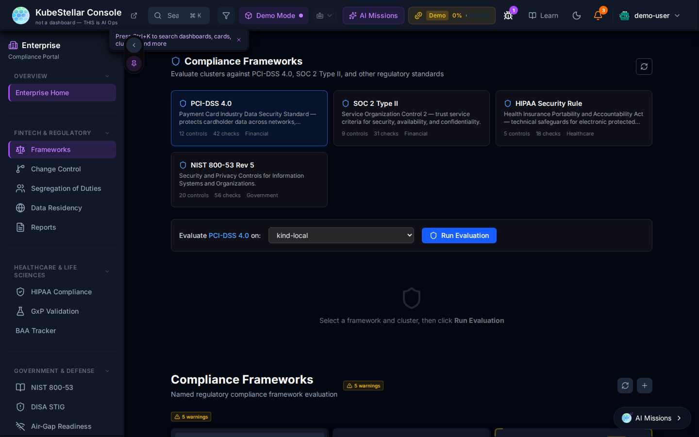 Compliance Frameworks page with PCI-DSS, SOC 2, HIPAA, and NIST framework cards