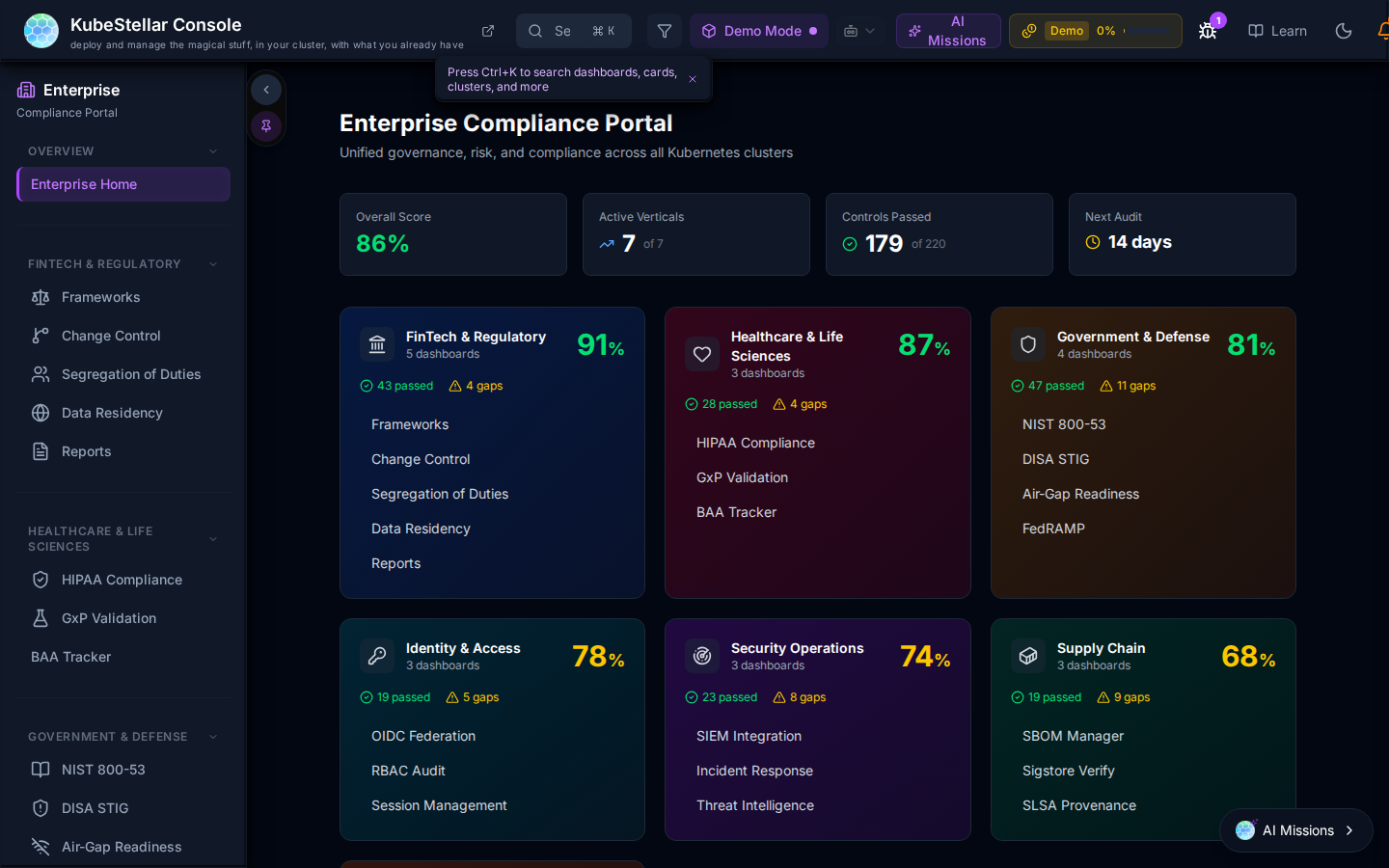 Enterprise Compliance Portal home showing six compliance epics with overall 88% compliance score